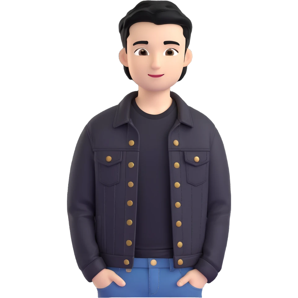 3D emoji Microsoft style, young man with black hair, wearing black t-shirt and black denim jacket, based on photo reference, slight smile emoji