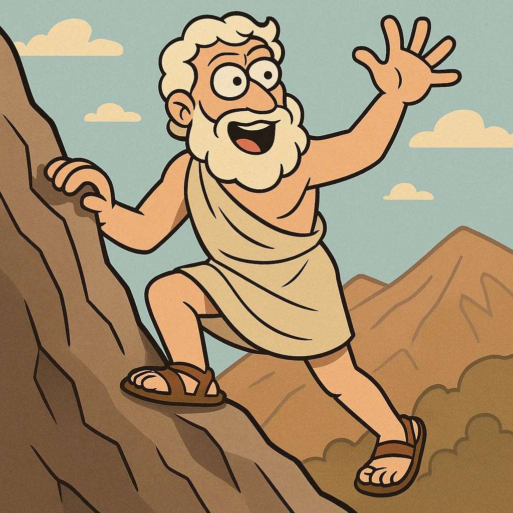 Ancient philosopher Plato scaling a mountain, energetic pose, cartoon style emoji