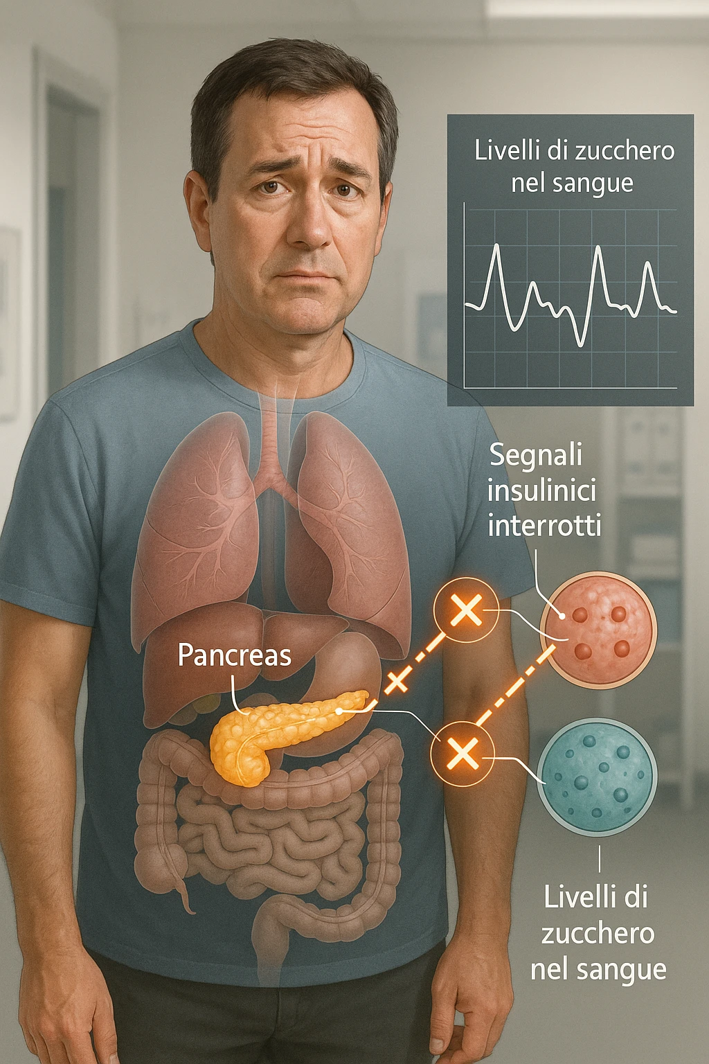 a middle-aged man stands in a clinical setting, with a semi-transparent overlay showing his internal organs. His pancreas is highlighted, and glowing lines or icons indicate disrupted insulin signaling between the pancreas and muscle or fat cells. The man’s expression is slightly concerned, and a digital chart beside him displays fluctuating blood sugar levels. The lighting is realistic, with a clean, modern medical background. scritte in italiano emoji