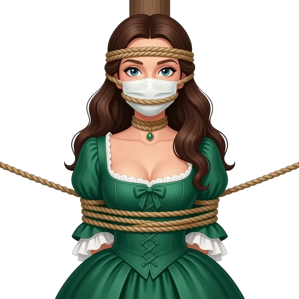 Brunette woman in emerald green 1770s gown with long flowing hair, ample bosom, gagged and bound to tall post, with lower rope tied just beneath bosom and another upper single rope tied around her head at mouth level. Upper rope around mouth level only! No chains or cloth face mask in image! emoji