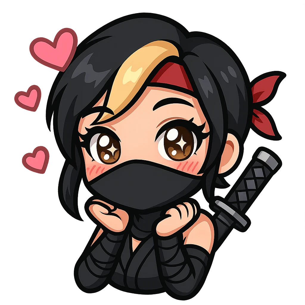 Sexy chibi ninja girl with black short hair and a blonde streak, only head and arms, colorful chibi style with bold outlines, transparent background, no mask, face with sparkly eyes and hearts floating around, sized for Twitch emoji use. emoji
