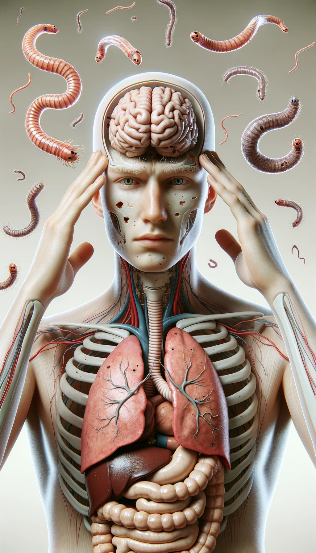 CORPO UMANO ANATOMICO CON MANI SULLE TEMPIE STRESSATO, INTORNO A LUI FLUTTUANO PARASSITI COME LA TENIA, INTESTINO E CERVELLO ANATOMICI IN EVIDENZA, SFONDO CHIARO NEUTRO, IPERREALISTICO 4K emoji