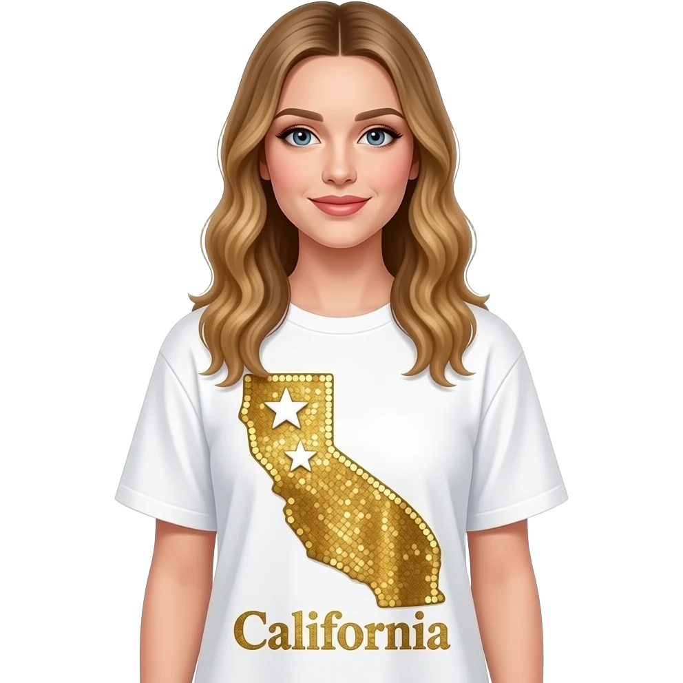 Sabrina Carpenter wears an oversized sequined T-shirt dress in a crisp white and metallic gold color palette. a prominent gold sequin sash detail in the shape of California , featuring two small white stars. The word "California" below it emoji
