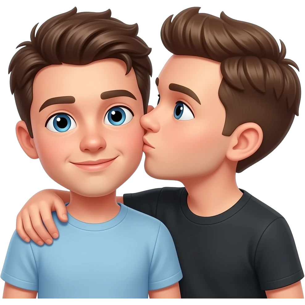 Erstelle ein Emoji von zwei Brüder, der eine um die 22 und der andere um die 26, der älter Bruder legt sein Arm über sein jüngeren Bruder und küsst ihn auf die Wange. Beide haben blaue Augen emoji