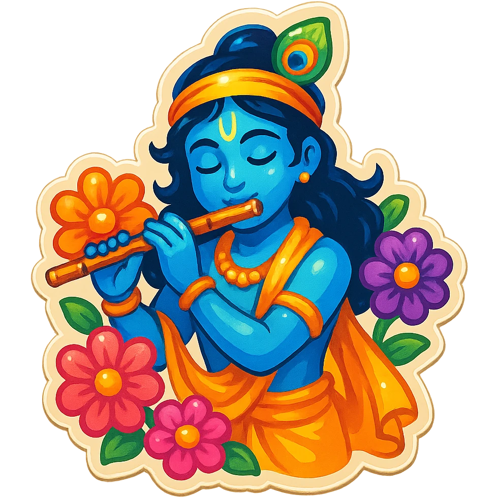 Hare Krishna themed sticker, Krishna playing a flute, surrounded by flowers, no text emoji
