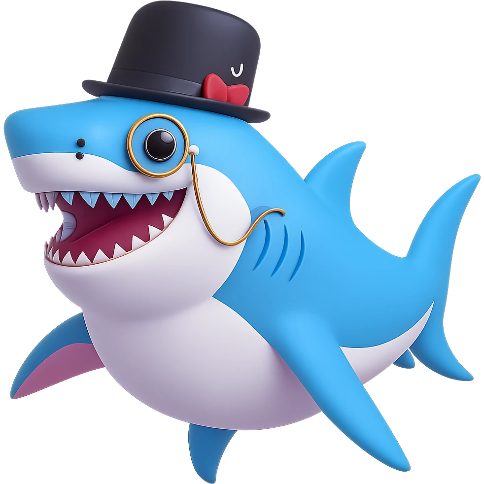 Add a monocle to the cartoon shark with a black top hat, smiling, no background. emoji