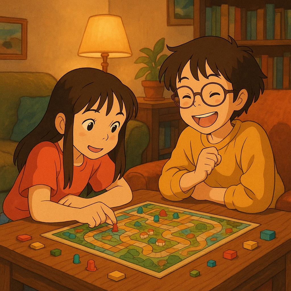 asian girl and her friend playing a boardgame, cozy, ghibli-inspired style emoji