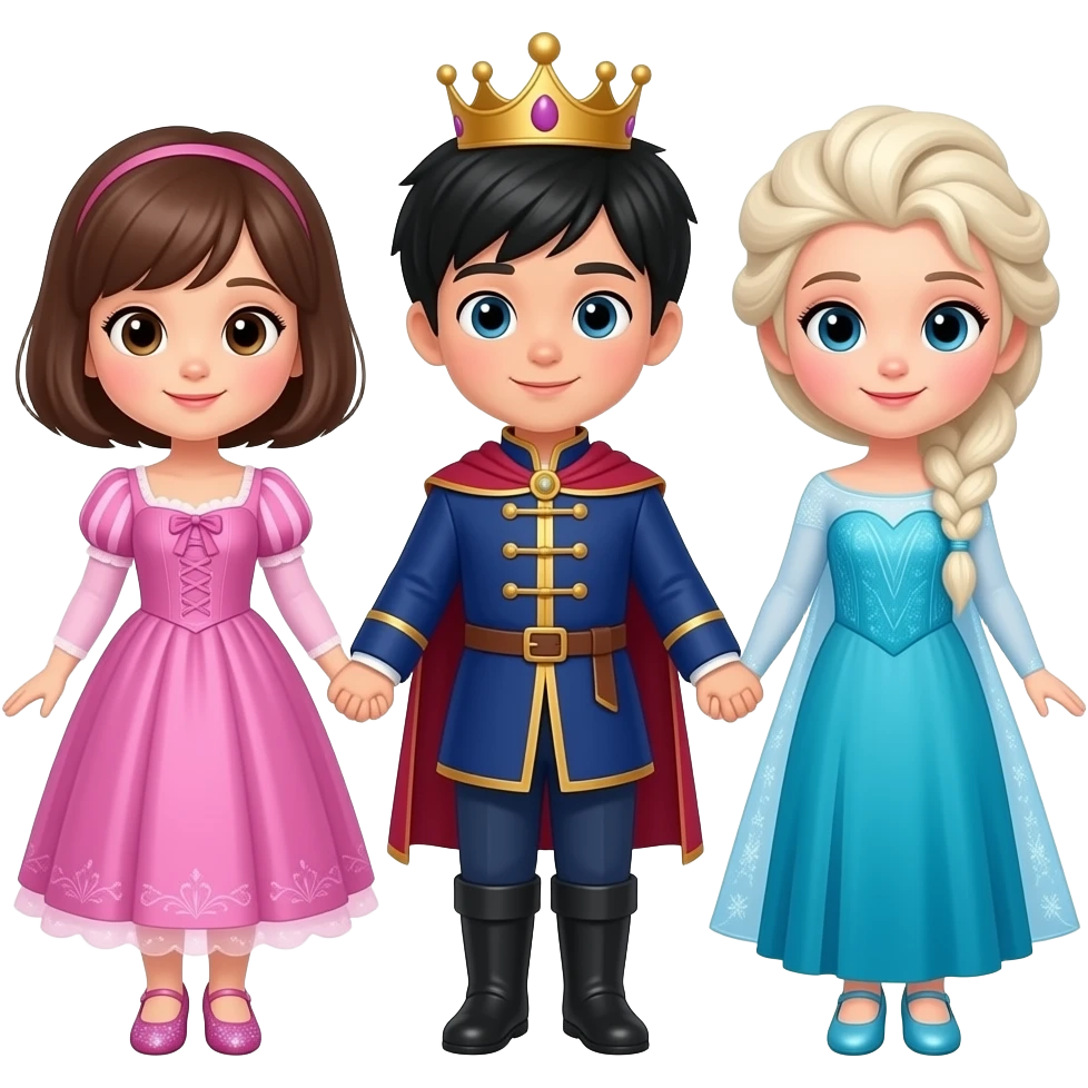 52개월 한국인 세쌍둥이 이모지를 만들어줘. 여아, 남아, 여아 순으로 배치해주고, 서로 손을 잡고 있게해줘. 아이들은 모두 한국인이야. 여자아이들은 공주 드레스를 입었어. 왼쪽 첫째 여아는 파마한 단발머리(귀여운 퐁글한 곱슬머리)에 분홍색 라푼젤 드레스를 입었고, 반짝거리는 구두를 신었어.  두번째 남아는  중세 왕자가 입는 남색 멋진 정장을 입고 있어. 마지막 오른쪽 여아는 엘사드레스를 입고, 엘사처럼 머리를 했는데 검정색머리야. 엘사구두를 신고. 귀엽고 사랑스럽게 만들어줘. emoji