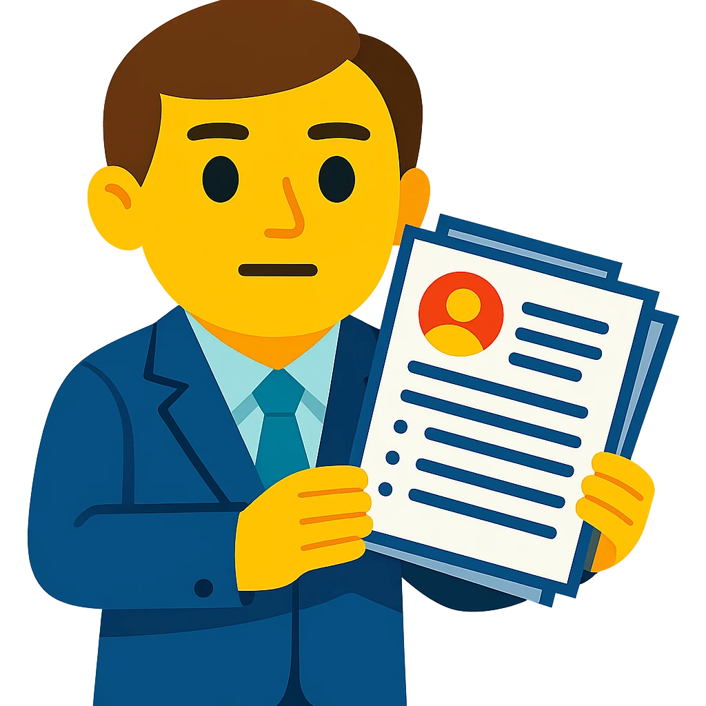 A recruiter holding a resume with a neutral expression (not sad or happy) in vibrant toon style, no background. emoji
