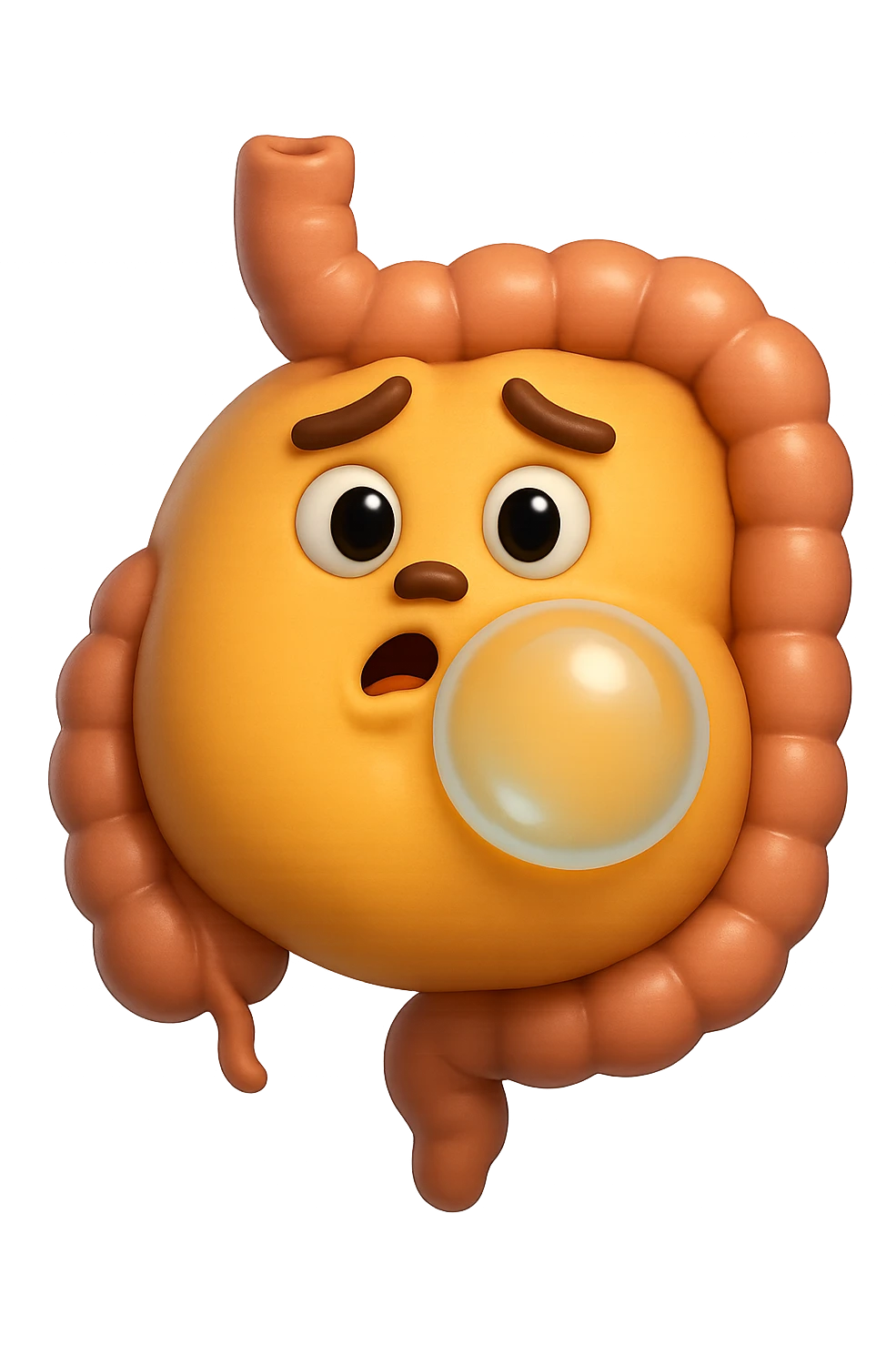 emoji stile iphone di un intestino che ingoia una nuvoletta di aria ben visibile e gli si gonfia la pancia, non fargli il naso, iperrealistico 4k emoji