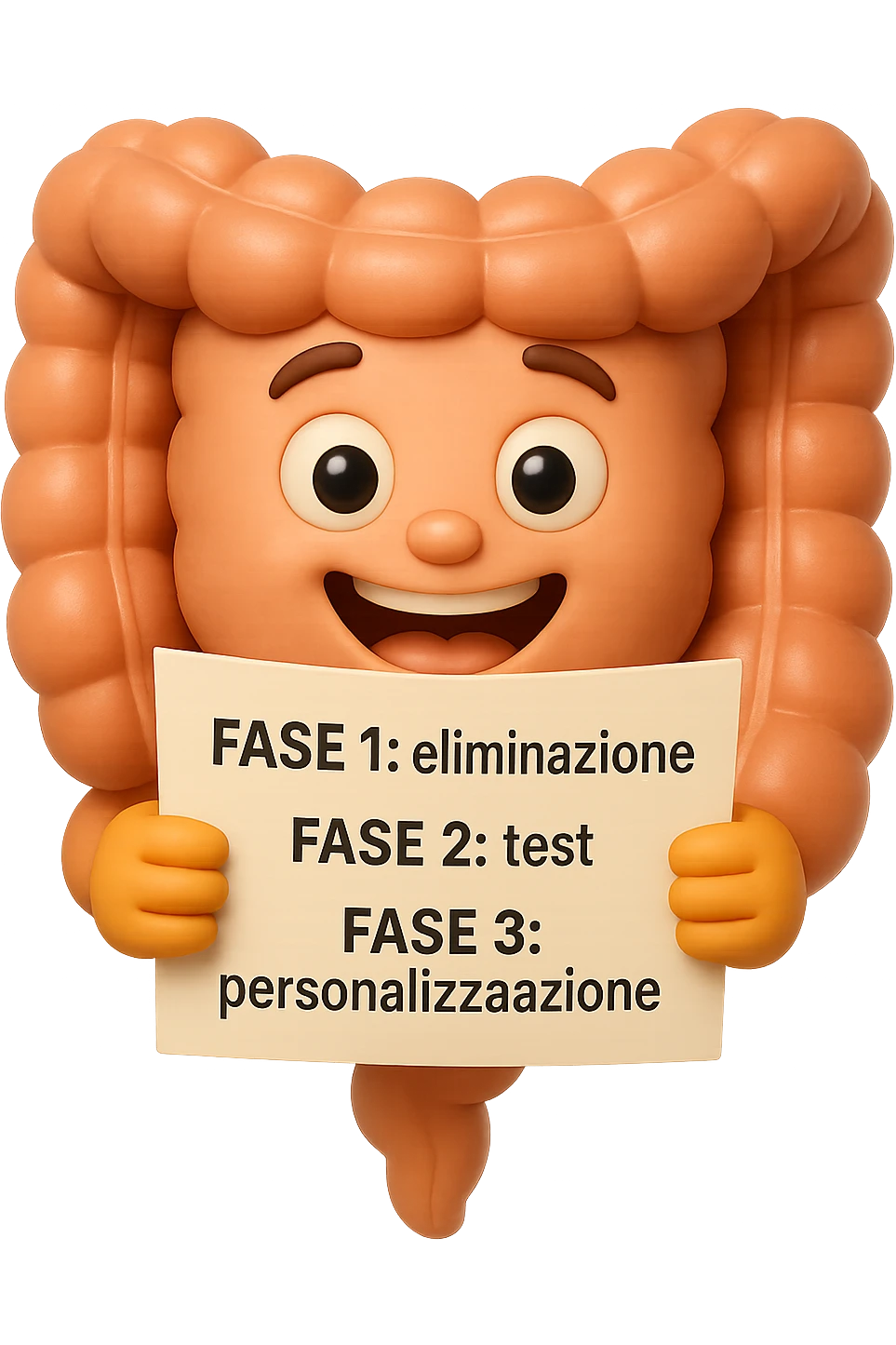 emoji stile iphone 3d di un intestino che tiene in mano un foglio con la scritta "FASE 1: eliminazione, FASE 2: test, FASE 3: personalizzazione, IPERREALISTICO 4K emoji