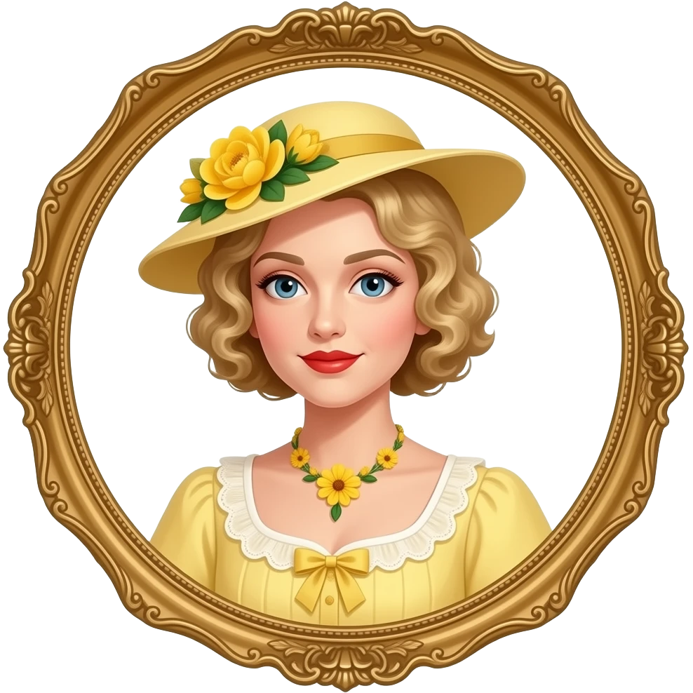Victorian look with blonde short tight curls bob hair side swept in a light yellow Victorian dress, antique yellow flowers necklace and light yellow Victorian hat with flowers, red lipstick and antique gold frame emoji