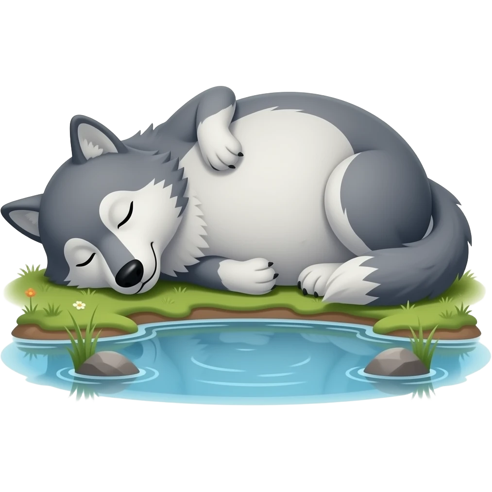 Hazme un lobo al lado del lago. El lobo tiene que tener mucha barriga y estar durmiendo. emoji