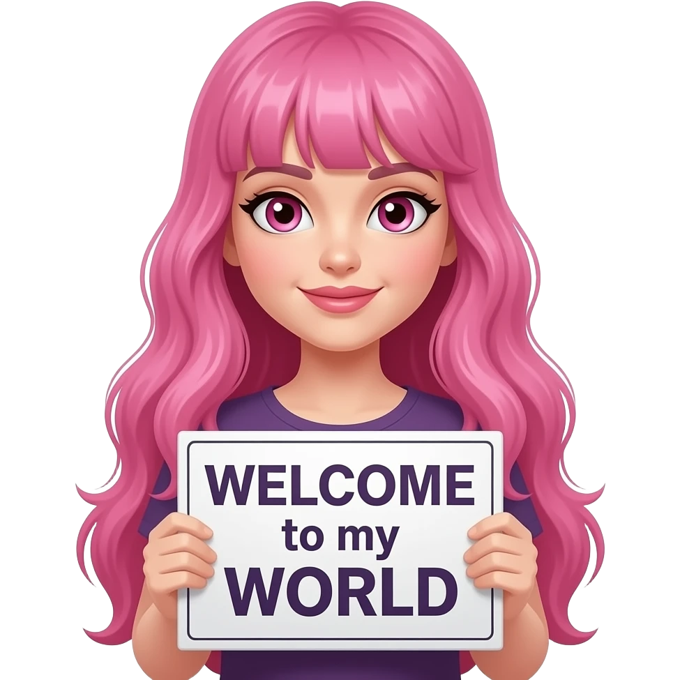 sexy girl with long pink hair and pink eyes wearing a holding a WELCOME to my WORLDsign emoji
