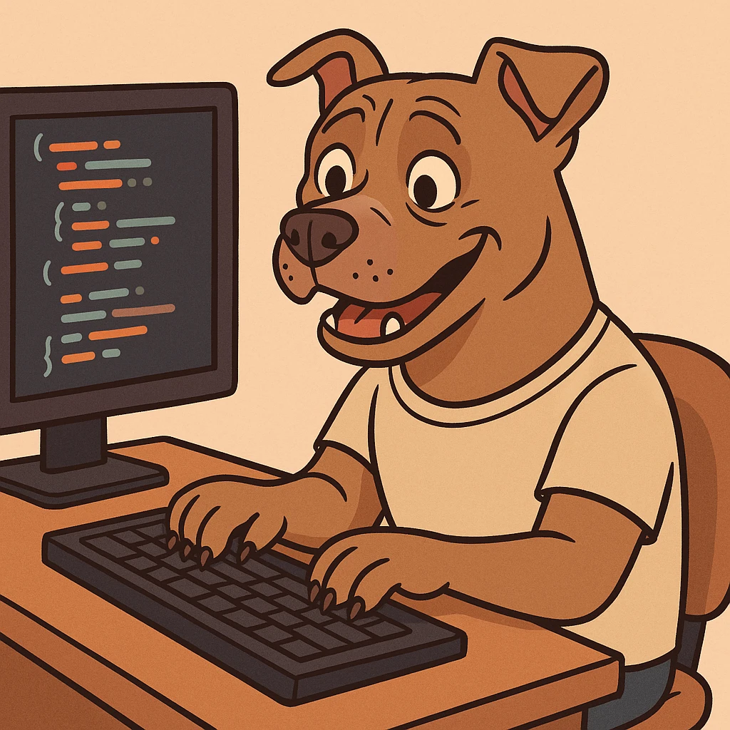 personified pit-bull dog typing code snippets, friendly, expressive, at a computer emoji