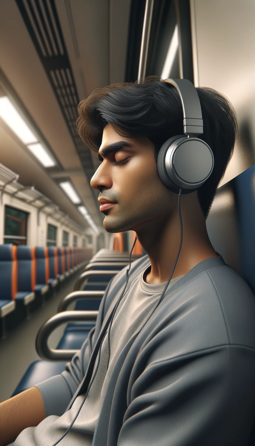UOMO che ASCOLTA MUSICA CON LE CUFFIETTE NELLE ORECCHIE E GLI OCCHI CHIUSI SEDUTO SUL SEDILE DI UN TRENO, sullo sfondo L'INTERNO DELLA CABINA DI UN TRENO con toni chiari neutri, iperrealistico 4k emoji