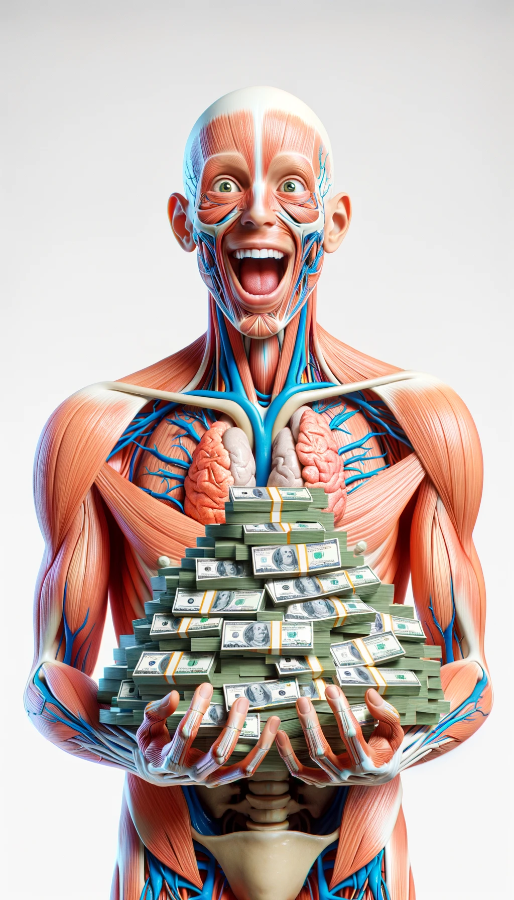 corpo umano anatomico sereno e felice con una montagna di soldi davanti, espressione stupita, iperrealistica 4k, isolato su sfondo bianco emoji