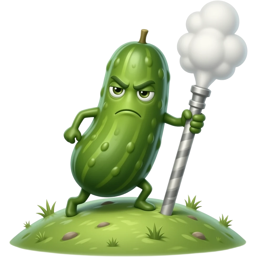 a pickle climbing a hill with a solemn expression, and a realistic steam emoji
