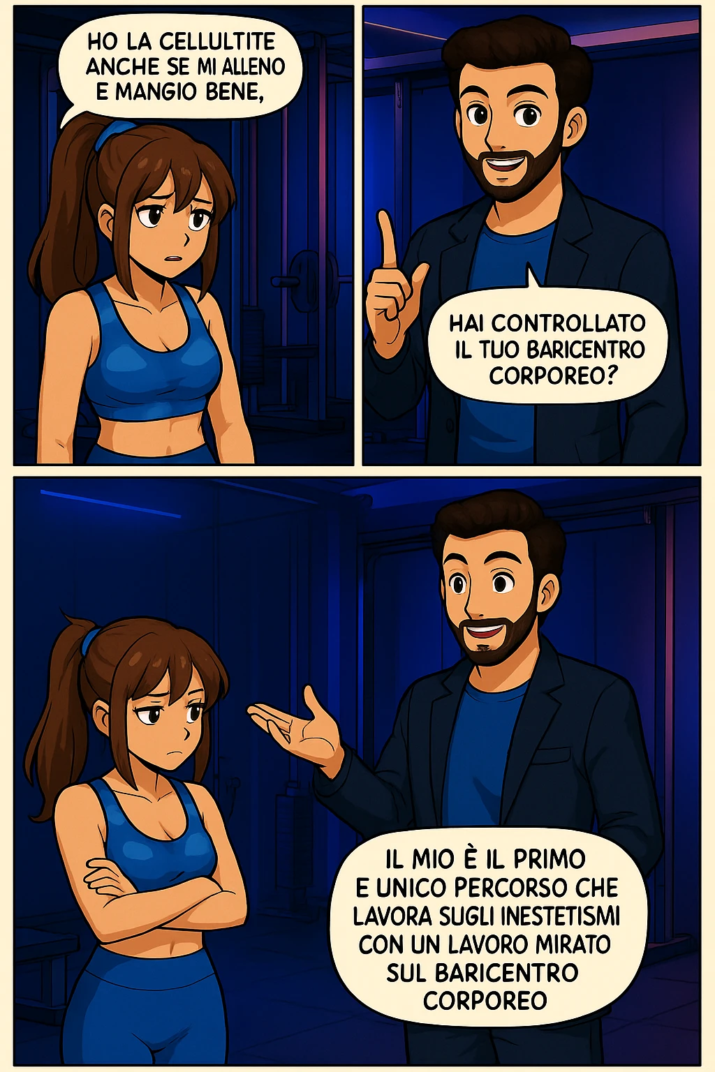 PRENDI SPUNTO DA QUESTO STILE FACENDO UN WEBTOON/MANGA:

LEI (DONNA): Ho la cellulite anche se mi alleno e mangio bene, cosa posso fare?

LUI (UOMO): Hai controllato il tuo baricentro corporeo?
LUI (UOMO): Sapevi che se il peso del tuo corpo cade in avanti o da un lato, c’è un disallineamento fra bacino e torace, che comprimendo le coste, limita la motilità del diaframma e l’ossigenazione dei tessuti?
LUI (UOMO): Il mio è il primo e unico percorso che lavora sugli inestetismi con un lavoro mirato sul baricentro corporeo. emoji
