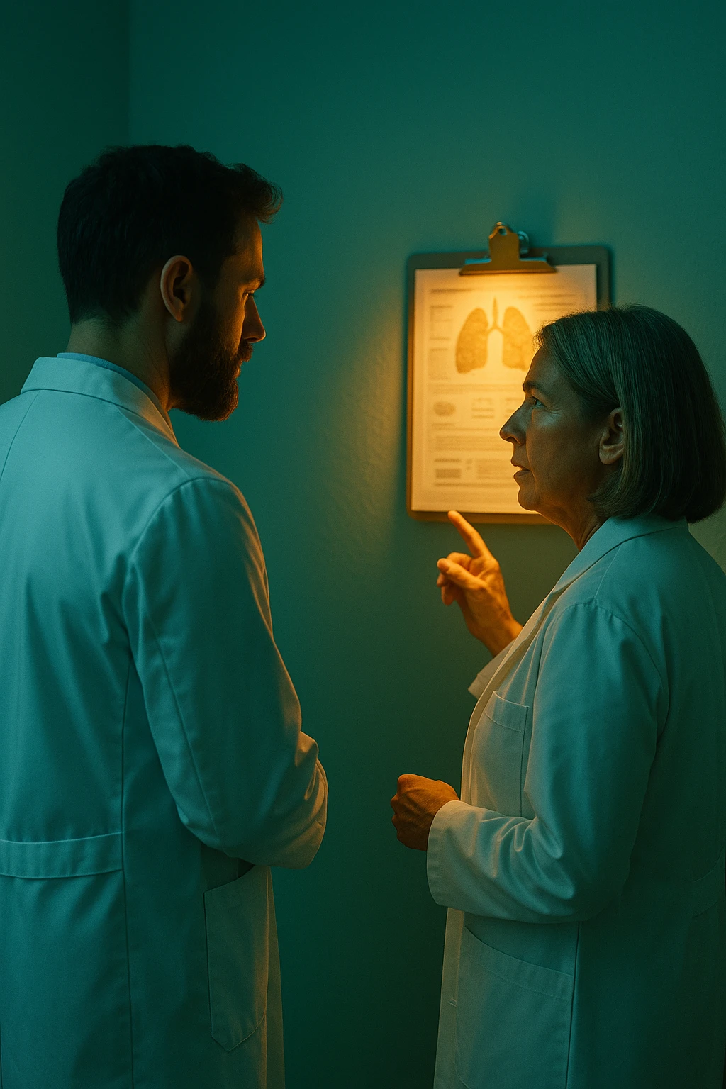 Realistic, detailed photo taken from behind of two doctors—a bearded man and a middle-aged woman—standing and facing each other as they discuss a diagnosis in front of a medical chart. The scene is illuminated by a yellowish, orange, warm light that softly envelops the doctors. The entire room is bathed in a single green-blue color, creating a cohesive and modern atmosphere. Both doctors wear white coats, and their body language suggests a serious, professional conversation. Shot with a Canon EOS R5, with high detail and natural depth of field. emoji