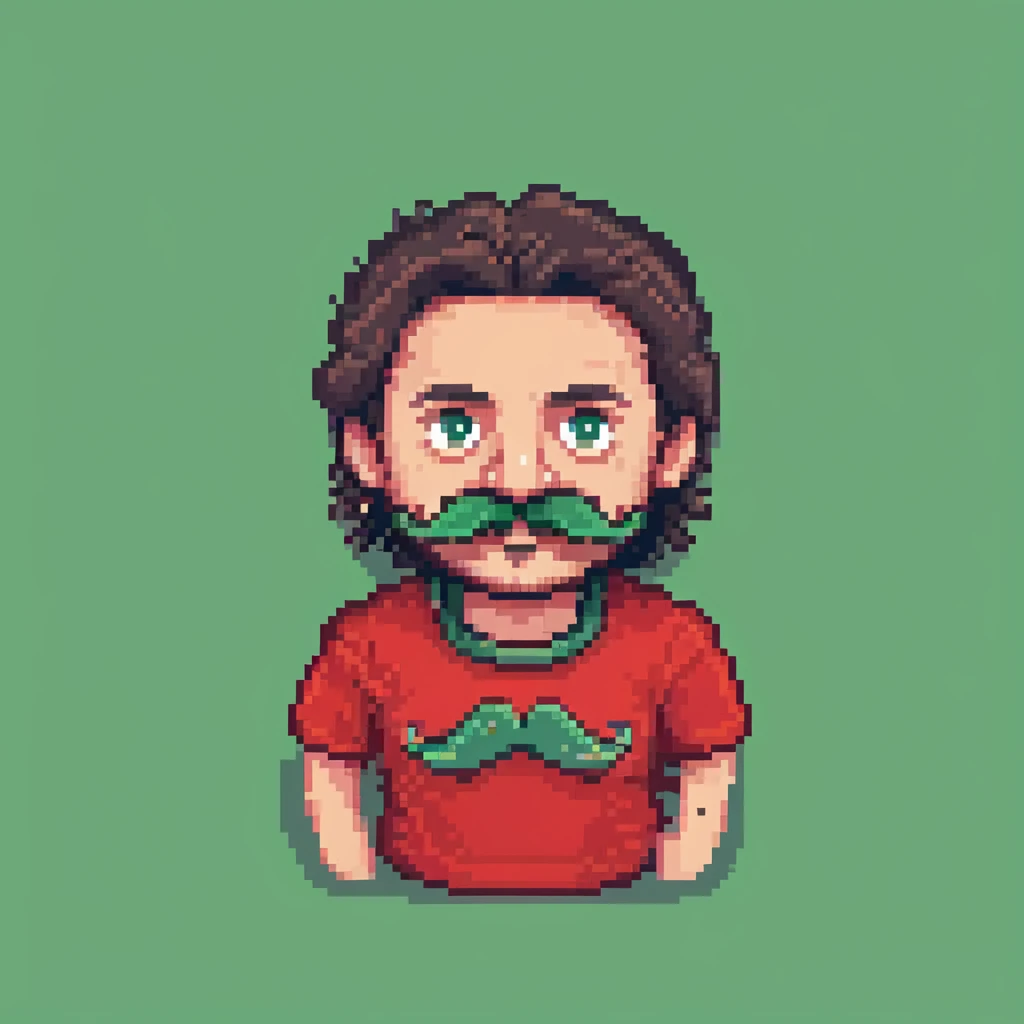 Recep İvedik, Turkish movie character, big mustache, bushy eyebrows, red t-shirt, humorous look, 8-bit style, pixel art emoji