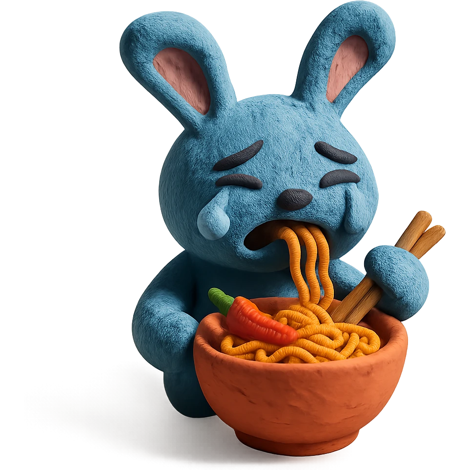 blue bunny crying while eating spicy ramen, claymation style emoji