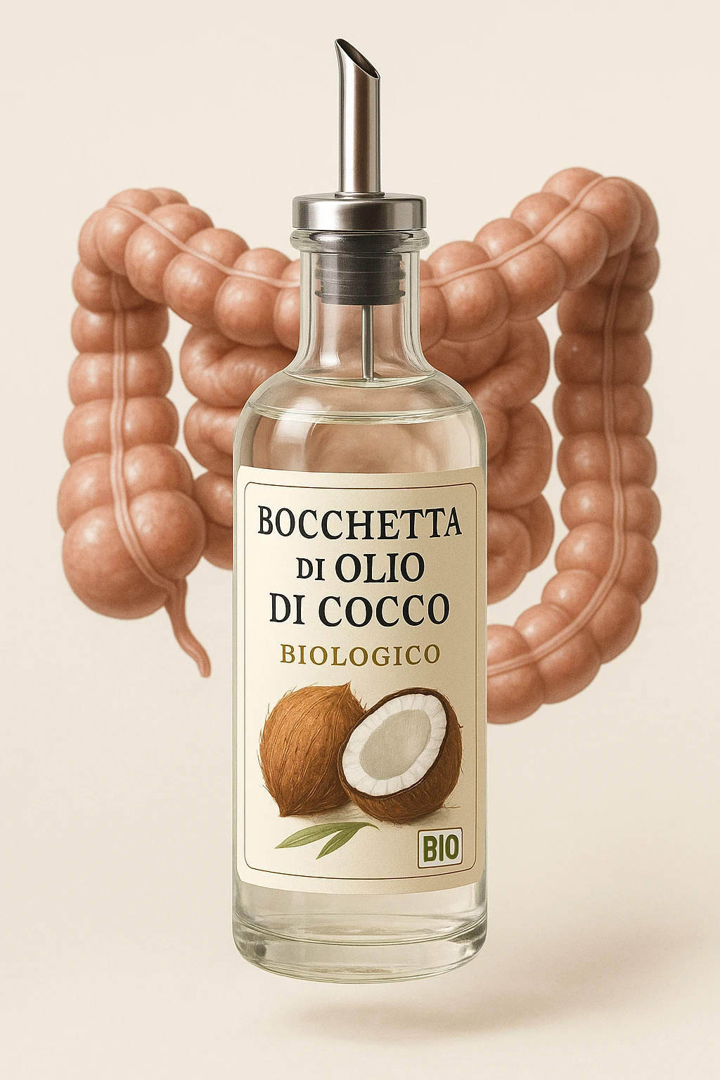 BOCCETTA DI OLIO DI COCCO BIOLOGICO (FAI UN ETICHETTA SUL PRODOTTO IN ITALIANO) CHE FLUTTUA IN ARIA DAVANTI A UN INTESTINO UMANO ANATOMICO IN PERFETTA SALUTE, SFONDO CHIARO, iperrealistico 4k emoji
