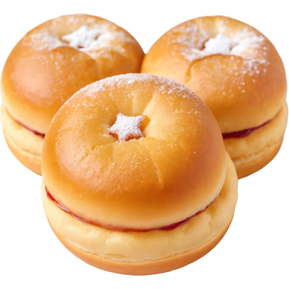 a single Berliner Krapfen, round, golden-brown, no hole, dusted with powdered sugar, with visible jam filling emoji