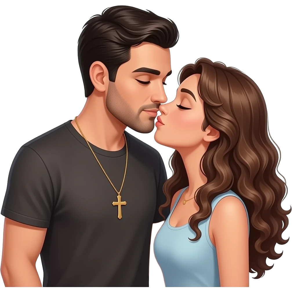 Couple in love kissing: 1 tall Italian with cross necklace, 1 brunette Long curly hair emoji
