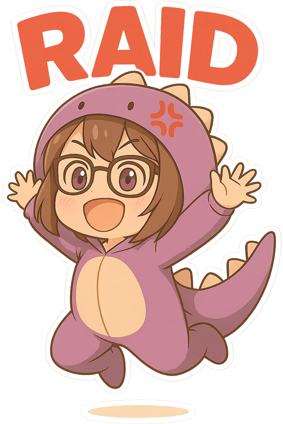 Add the text 'RAID' above the chibi anime style gamer girl in bold red letters, keeping the same chibi stickers style with no background. emoji