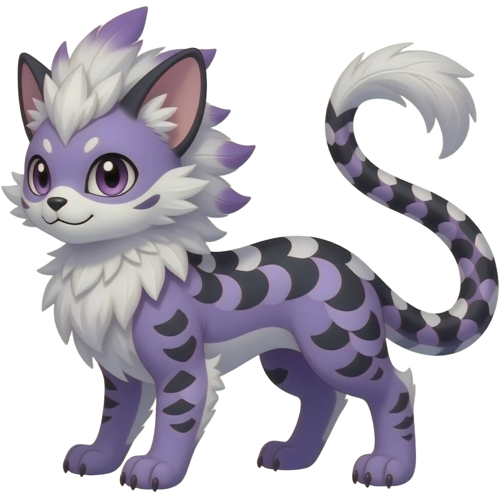 Furry, feathery feather-maned fluffy tropical flecked painted feathery scaly, Purple, white, black, Minccino-Bambino-Lykoi-Linoone-Zangoose-fusion-hybrid-animal-Fakémon-creature, full body, thin long sleek scaly tail, intricate markings emoji