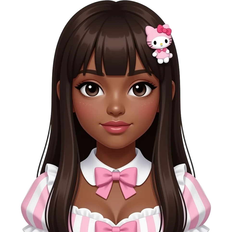 Dark brown skin, Gyaru makeup, my melody hairclip, cutecore, doll eyes, Doll, big chest, black girl with dark brown skin, with straig htened long dark brown hair, black cute eyes, cute lips with Gyaru outfit emoji