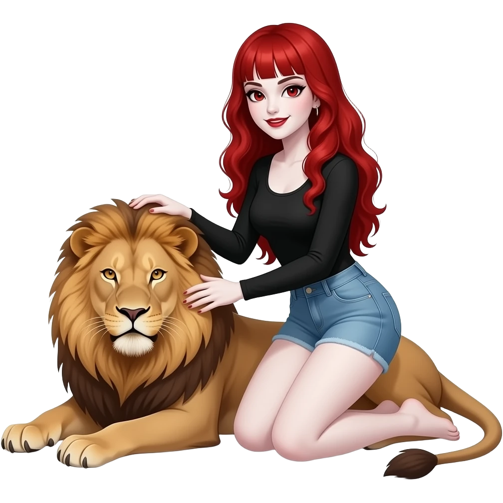 Vampiro femmina con pelle bianca capelli lunghi  rossi ondulati e la frangetta che indossa jeans chiari corti , un top nero con maniche lunghe e anfibi che sta accarezzando un leone sdraiato emoji