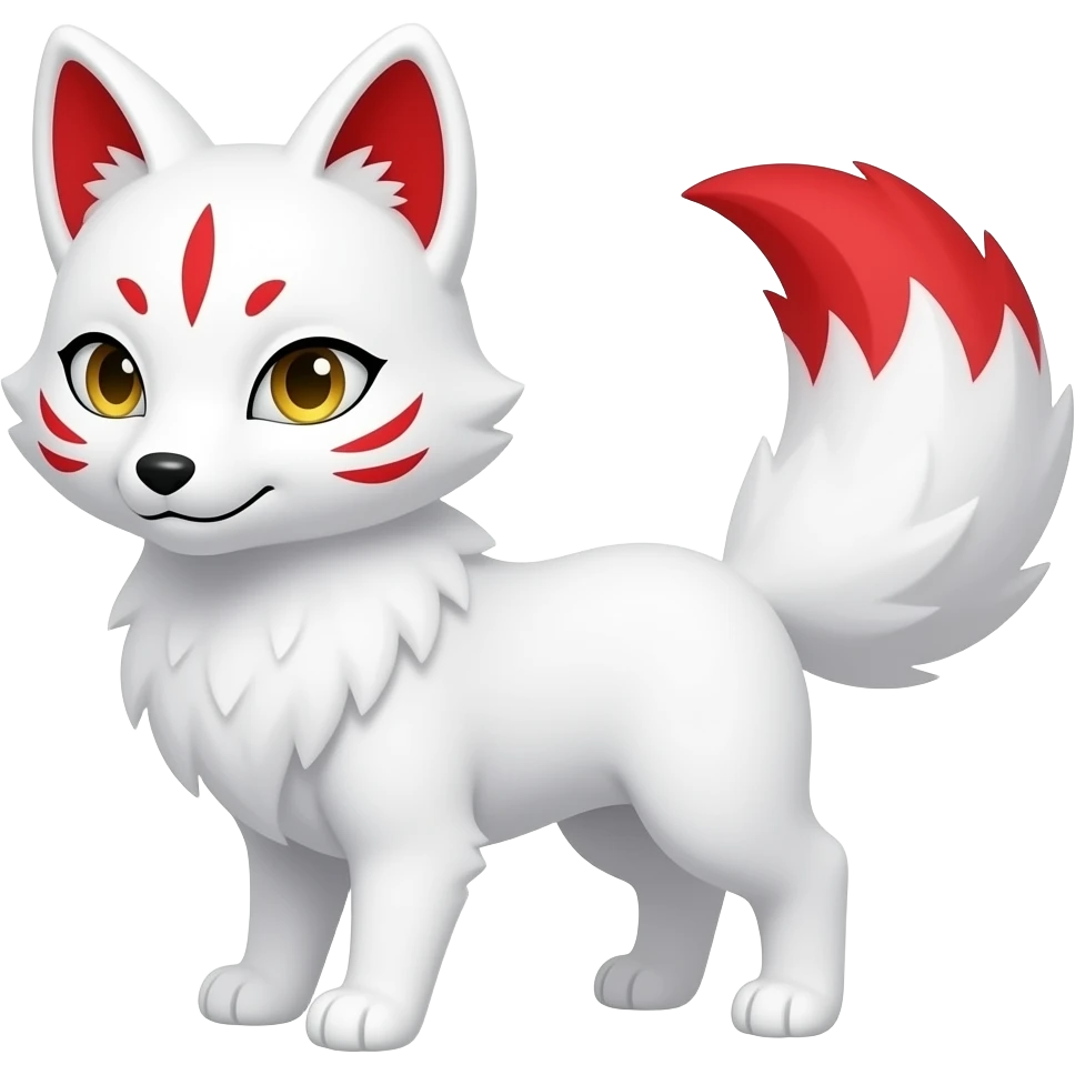 A white one-tailed Kitsune (Fox Form,) with red accents on his face, (two on each cheek and a single one on his forehead,) red on the inside of his ears, and pale golden eyes. Pure white paws,and a red tail tip. emoji