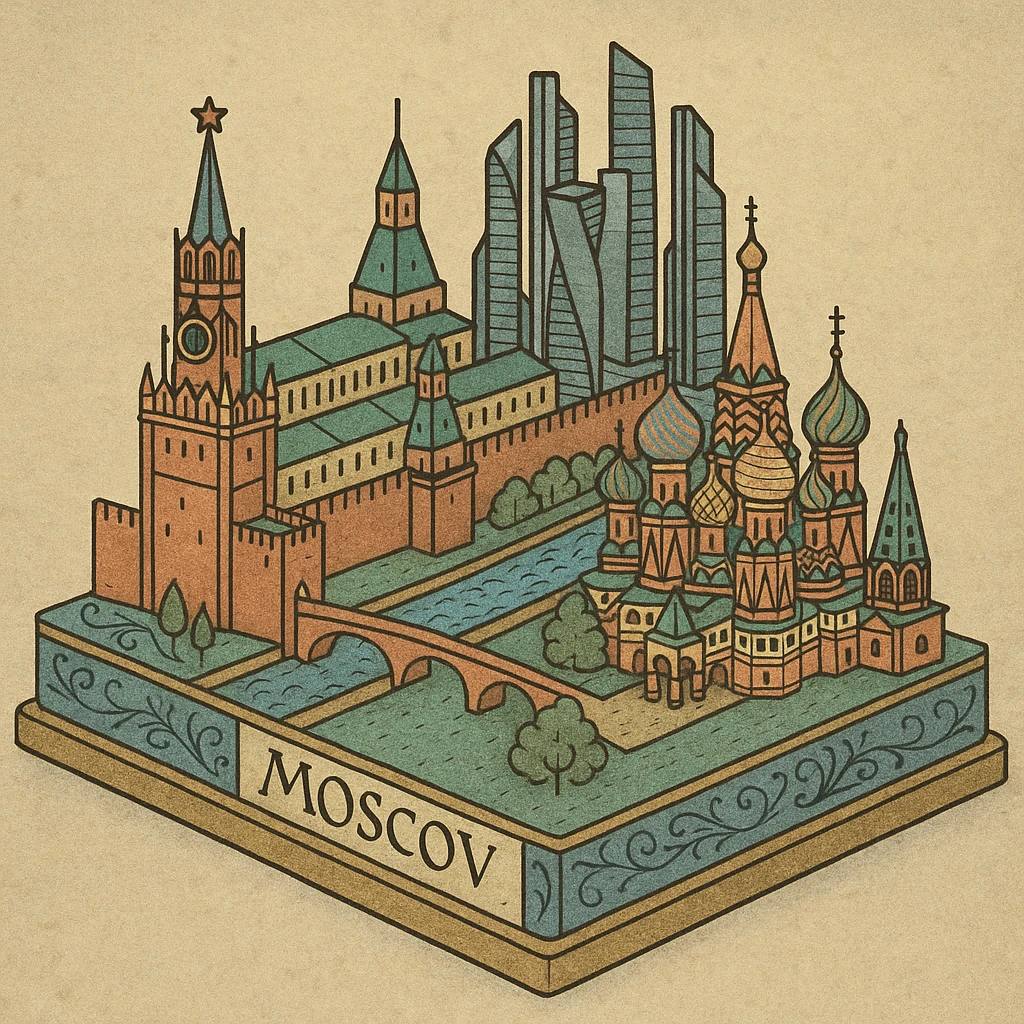 Изометричная миниатюрная 3D модель Москвы на подставке - фотореалистичный Кремль, собор Василия Блаженного, Башни Москва-Сити, аккуратная детализация, яркие цвета мультяшный реализм, компактная композиция,  вид сверху в изометрии emoji