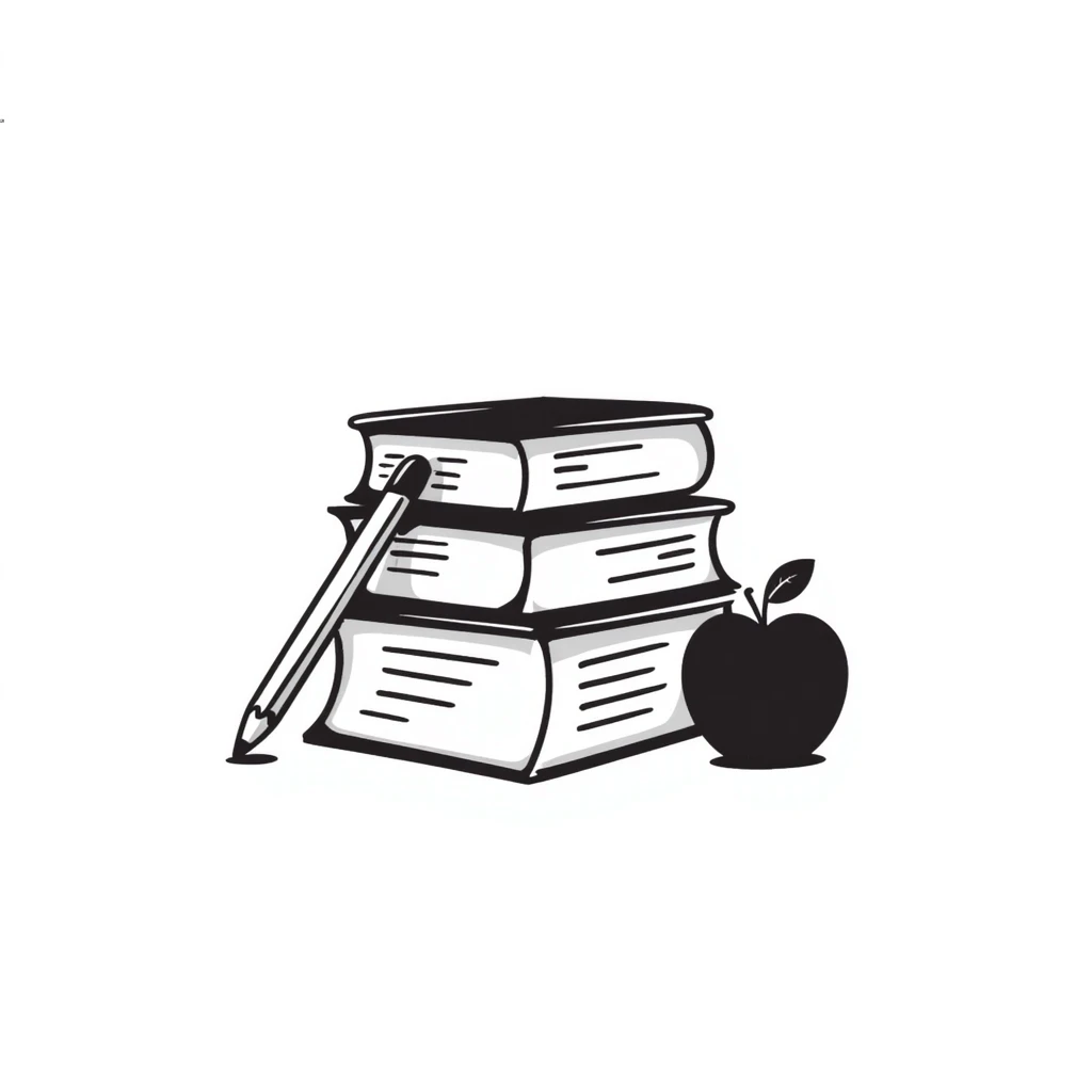 Stack of textbooks with pencil and apple emoji