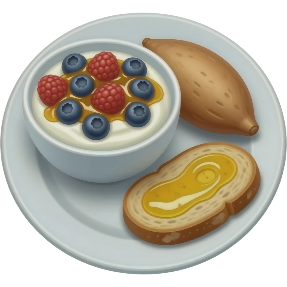 Realistic Plate with greek yogurt bowl topped with blueberries raspberries and maple syrup and sourdough slice topped with olive oil and a sweet potato on the side HD emoji
