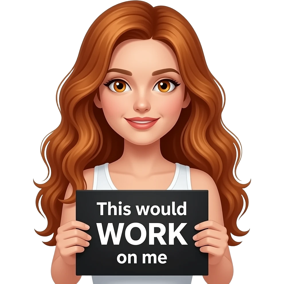 sexy girl with long wavy ginger hair and ginger eyes wearing a white tanktop is holding a black colored sign with This would WORK on me. written on it emoji