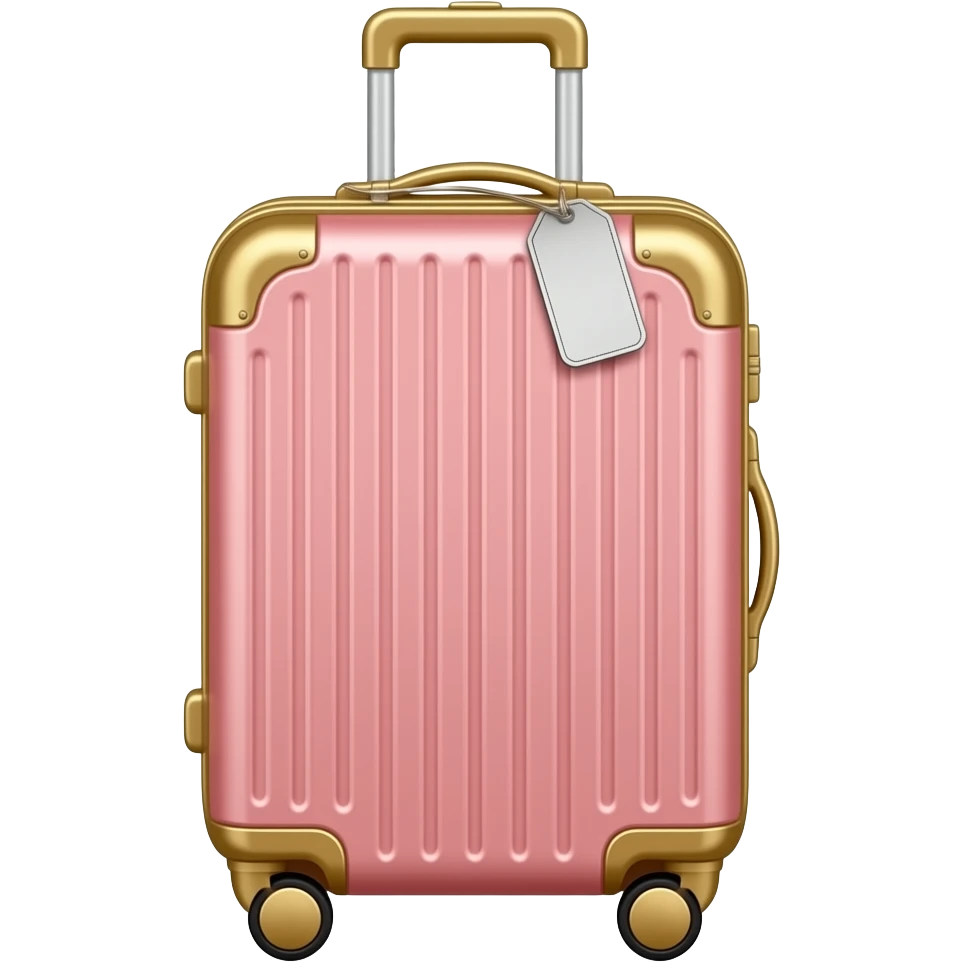 Luxury suitcase for a London girls trip, isolated, centered, no background, blush pink hard shell, gold handles, chic luggage tag, glamorous travel aesthetic emoji
