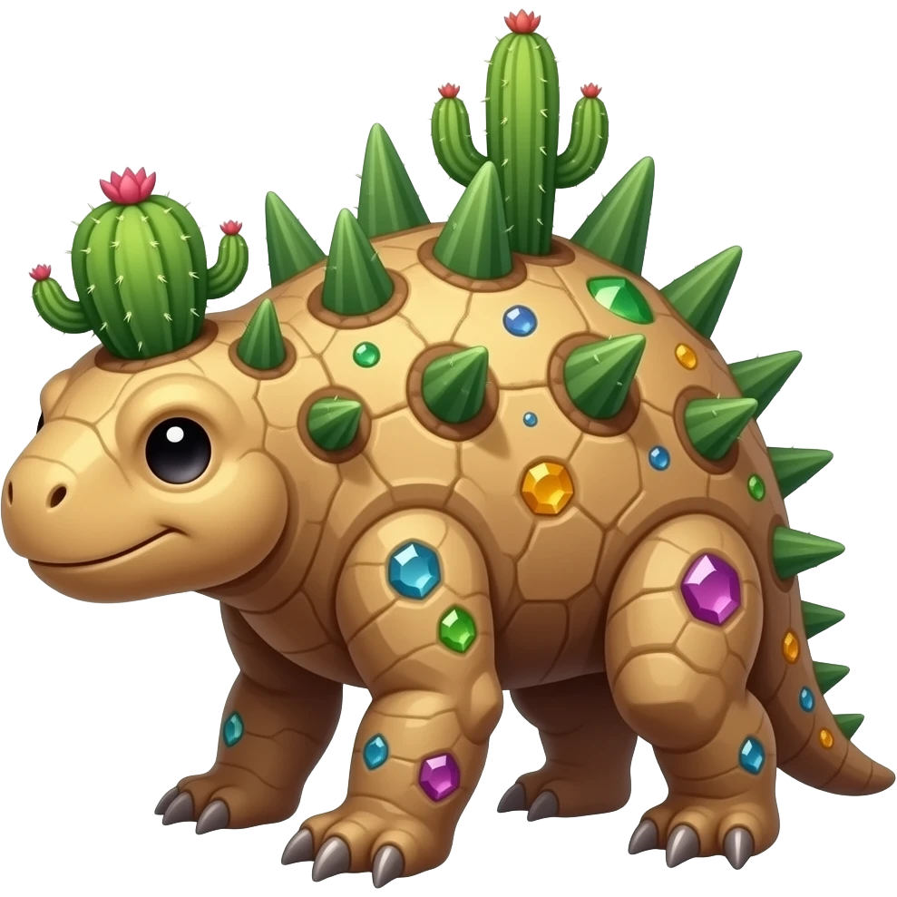 Cactstone A desert-dwelling creature with a rocky body, a cactus head made of stone and cactus spines growing from its back. It grows both dirty gems and cactuses over its body emoji
