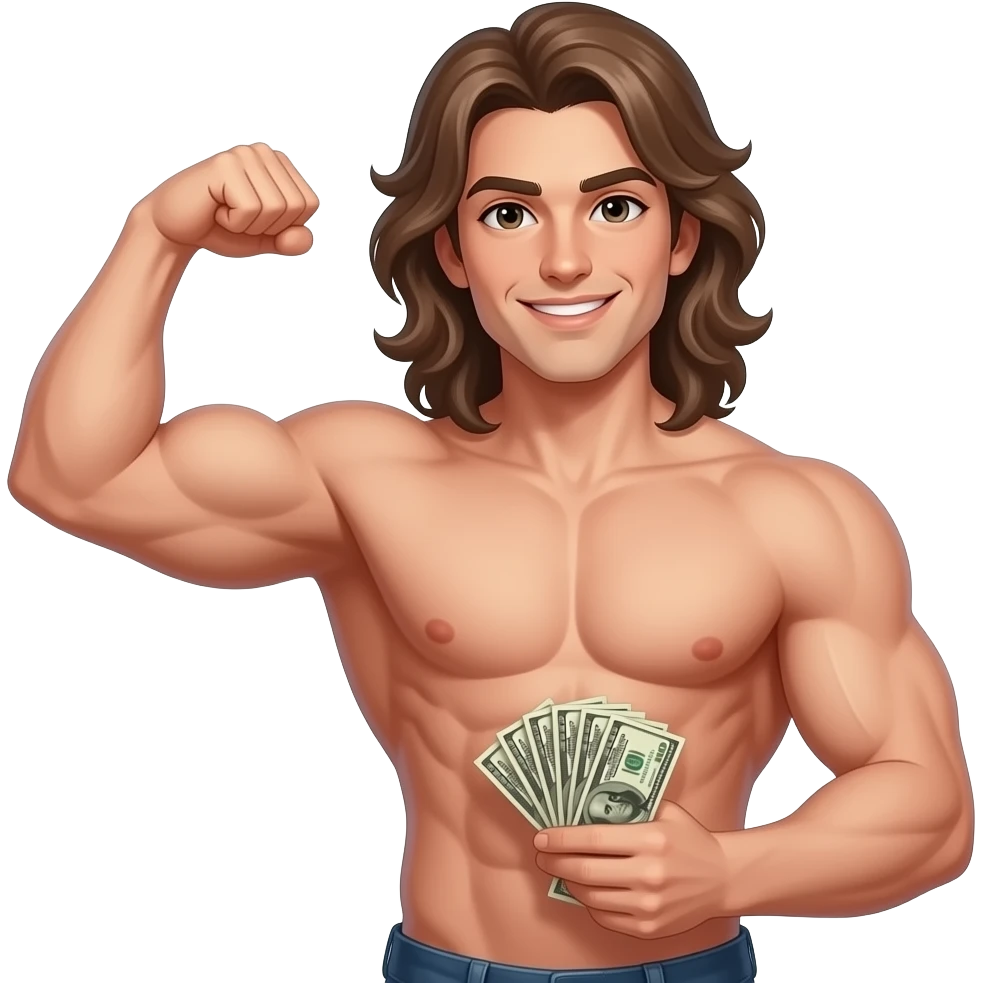 muscular shirtless twink with very long hair flexing and holding money emoji