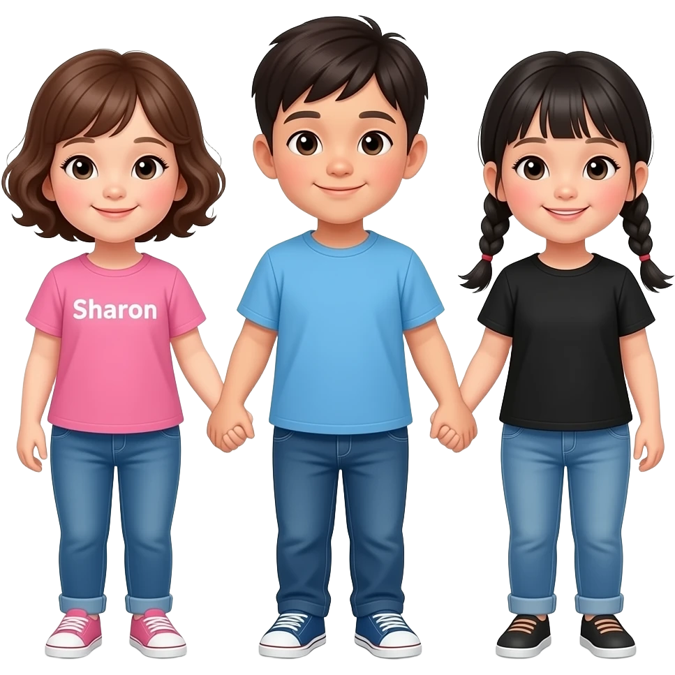 52개월 한국인 세쌍둥이 이모지를 만들어줘. 여아, 남아, 여아 순으로 배치해주고, 서로 손을 잡고 있게해줘. 아이들은 모두 한국인이야. 여아는 분홍티, 남아는 하늘색티를 입고 있고, 모두 긴 청바지를 입고 있어. 티셔츠에는 왼쪽부터 'Sharon', 'Aaron', 'Yiron' 글자를 넣어줘. 왼쪽 여아는 단발기장에 갈색 퐁글한 곱슬머리야. 남아는 이마가 드러나는 짧은 머리. 오른쪽 여아는 검정 가슴기장의 양갈래로 땋은 머리고 앞머리는 없도록. emoji