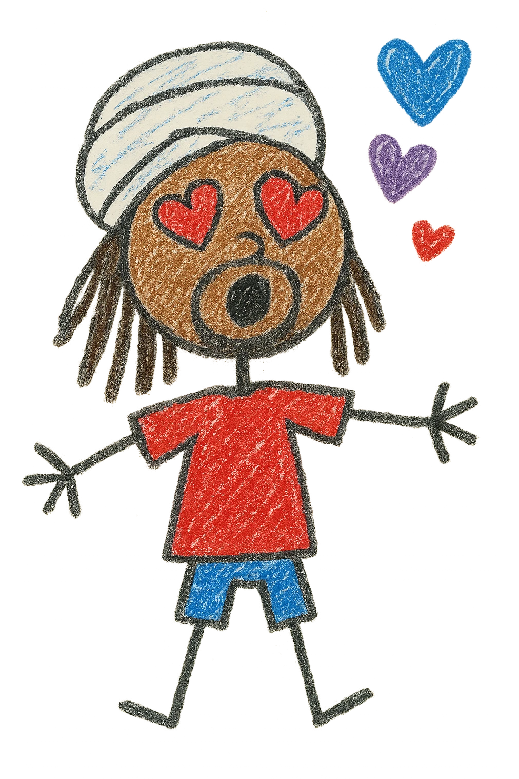 Brownskin man with long brown dreadlocks 
red t-shirt 
white turban 
expression is in love 
his eyes mouth open  emoji