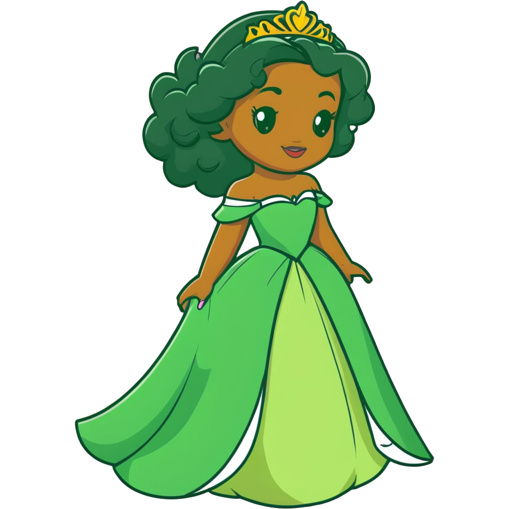 Disney Princess Tiana with extremely long black curly hair, green dress, 2c-3b curl pattern emoji