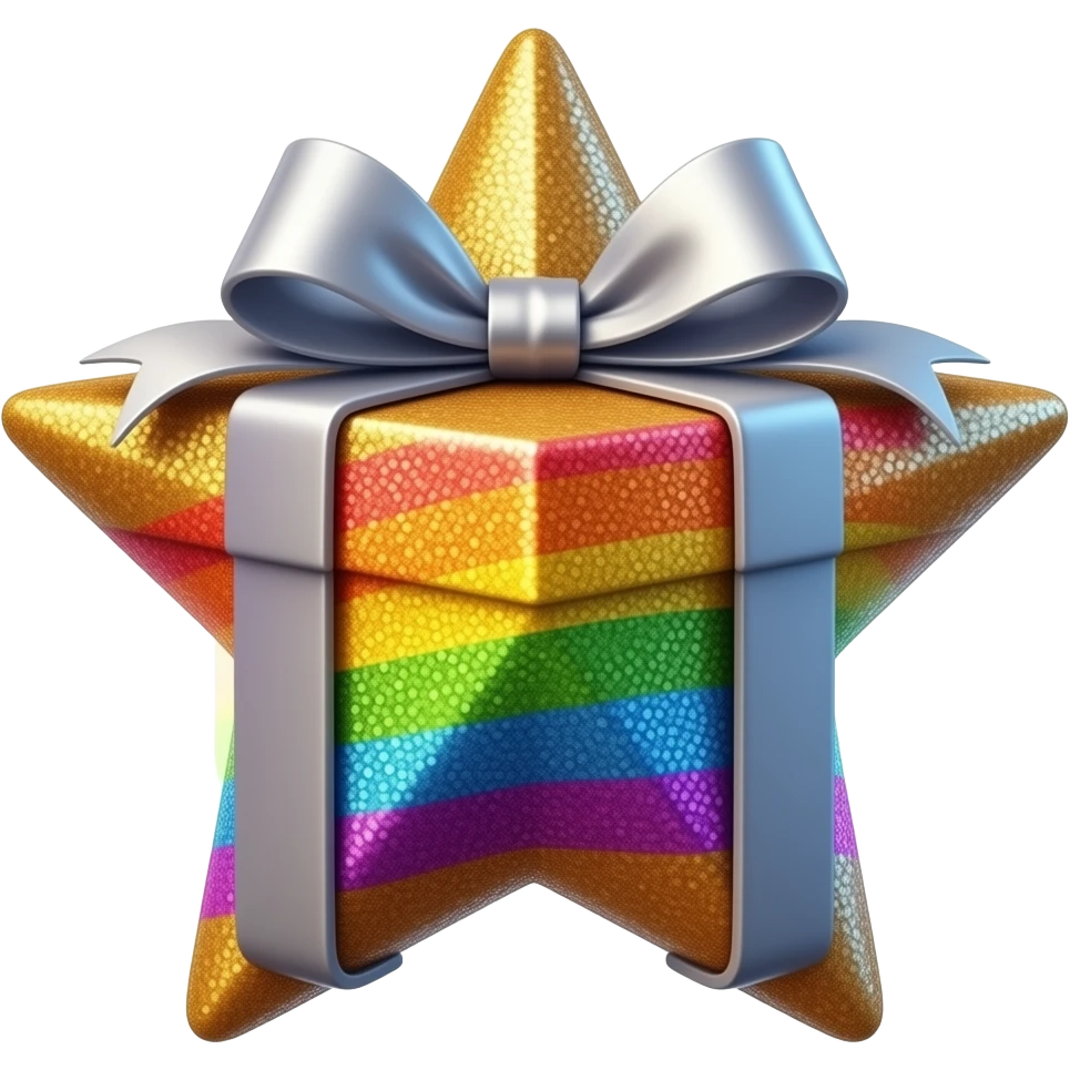 Hyperrealism wrapped gift, with a realistic, ultra detailed, holographic glitter rainbow star! emoji
