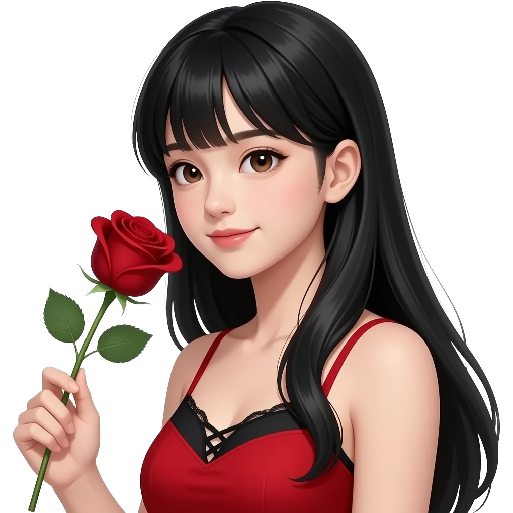 Asian girl with black long hair but no bangs, pretty brown siren eyes, a red dress, thin strap, with the top of a black bra showing laced, make her look attractive  have her head tilted to the side holding a blood red color rose make her look 15 years old and looking at the rose emoji