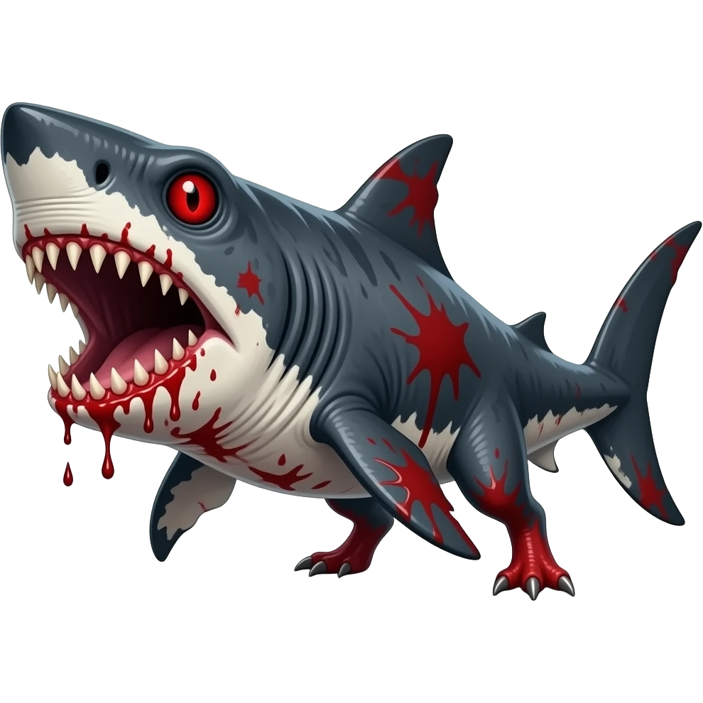 Horror looking megladon with red eyes and big  and blood on it with red colored legs and red megladon emoji