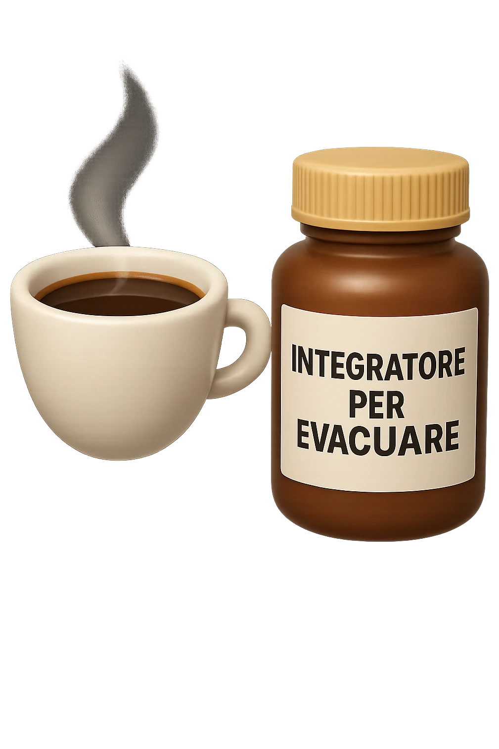 EMOJI STILE IPHONE 3D DI un caffè e di una boccetta di integratore con la scritta "INTEGRATORE PER EVACUARE" SULL'ETICHETTA CHE FLUTTUANO IN ARIA, iperrealistico 4k emoji