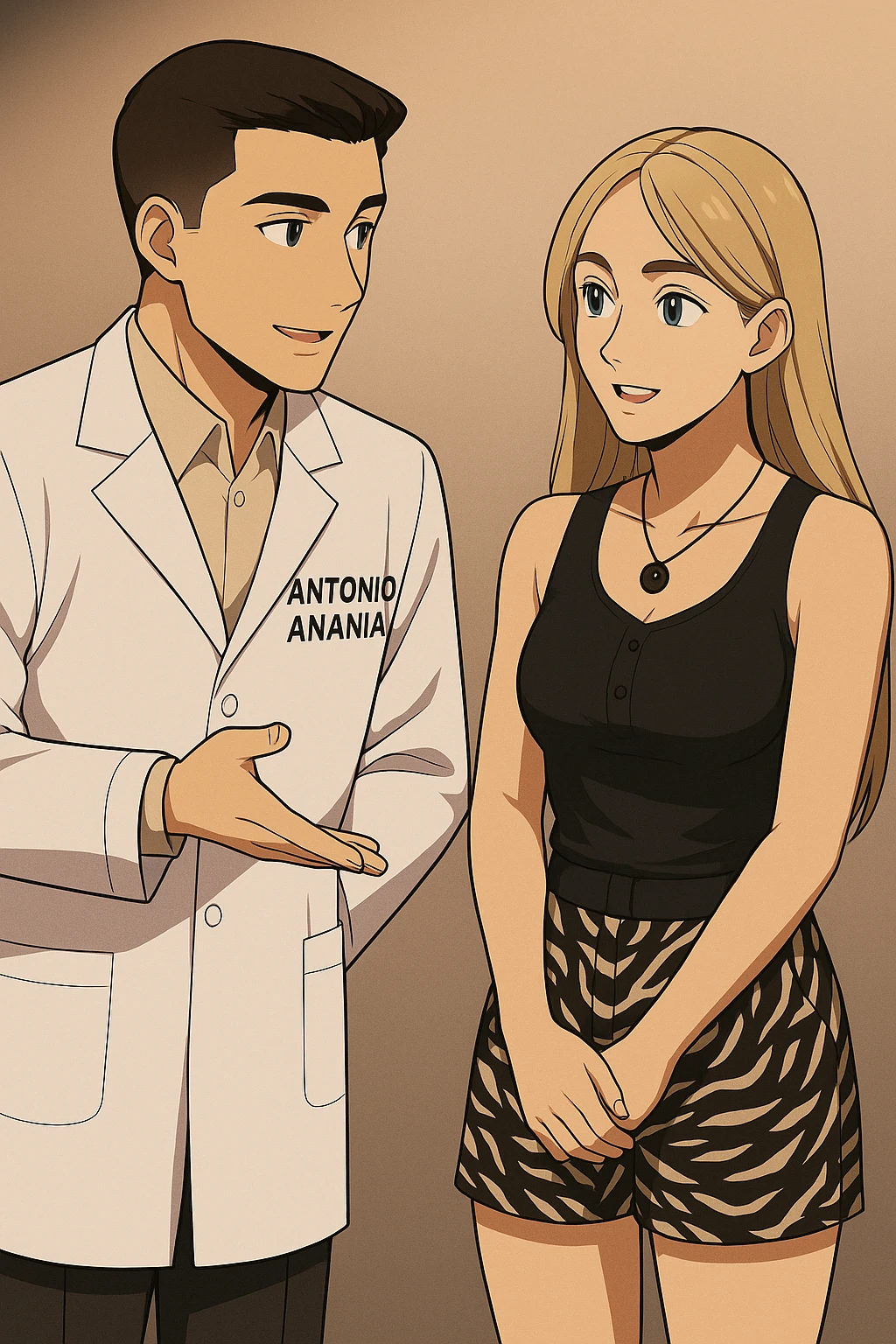 fai un webtoon/manga a colori con questo kinesiologo in camice bianco (fagli la scritta "ANTONIO ANANIA" SUL CAMICE) CHE PARLA CON QUESTA RAGAZZA CON GLI OCCHI AZZURRI. la ragazza gli fa una domanda e IL KINESIOLOGO CON IL CAMICE BIANCO LE risponde. NON FARE I FUMETTI, FAI SOLO LORO COME SE DIALOGASSERO emoji