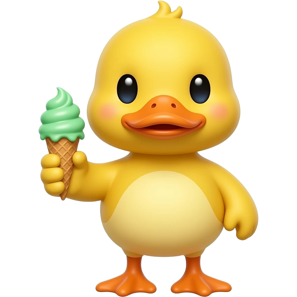 yellow duck standing pose front view hold green color ice cream in one hand emoji